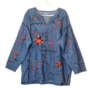 Liz & Me Denim Tunic Top Floral Embroidered Blue Relaxed Fit 3X Boho
